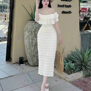 Đầm trễ vai, thời trang nữ dự tiệc chất len ren trễ vai bèo ngực 2 tầng dáng váy ôm body maxi tôn dáng trẻ trung