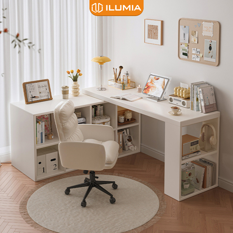 Bàn làm việc kèm tủ để đồ full trắng hiện đại, tiện lợi thương hiệu ILUMIA - GP368