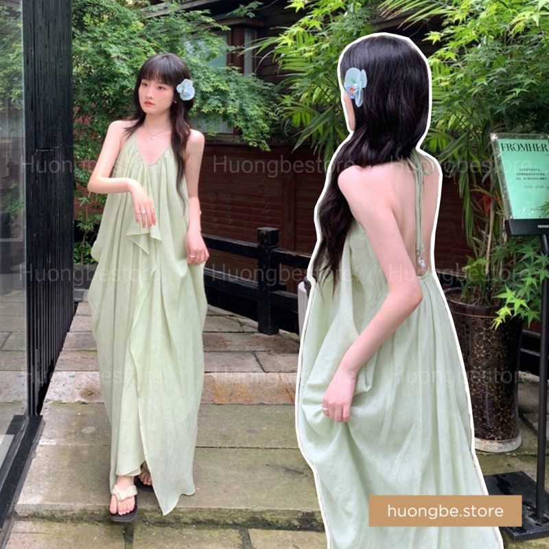 (sẵn) Váy, Đầm maxi cổ yếm xếp ly, dáng bí hở lưng, buộc dây cổ, màu xanh bơ, thiết kế nhiều tà, mẫu