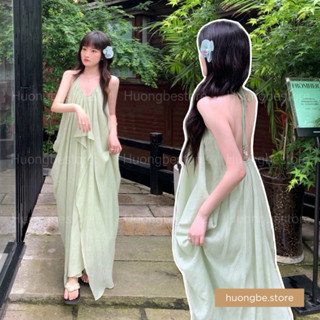[sẵn] Váy, Đầm maxi cổ yếm xếp ly, dáng bí hở lưng, buộc dây cổ, màu xanh bơ, thiết kế nhiều tà, mẫu mới 2025