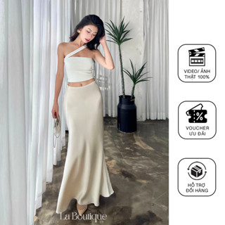  Chân váy lụa La Boutique nữ tính viền ren 1 lớp dày dặn form cạp trễ dáng suông dài loe nhẹ-V008 