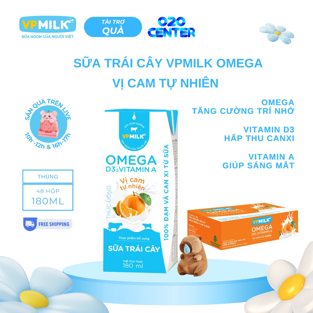 [Thùng 48 hộp 180ml] Sữa Dinh Dưỡng VPMilk Omega Vị Cam Tự Nhiên,chắc xương