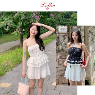 LOLLIE STUDIO - Áo quây thêu nơ viền ren Bowie Tube Top TKA396 nhún bèo 2 màu trắng đen xinh xắn đáng yêu