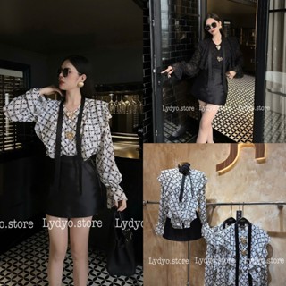 Set váy đầm hoa tiết cổ dây buộc, áo sơ mi bèo chân váy tafta thiết kế tiểu thư vintage sang chảnh dự tiệc cưới, sự kiện