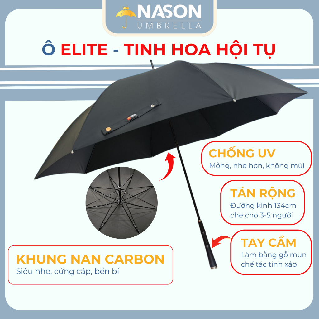 Ô dù cao cấp Elite Nason, Tinh Hoa Hội Tụ - Đẳng Cấp Xứng Tầm. Tay cầm chế tác thủ công,khung carbon