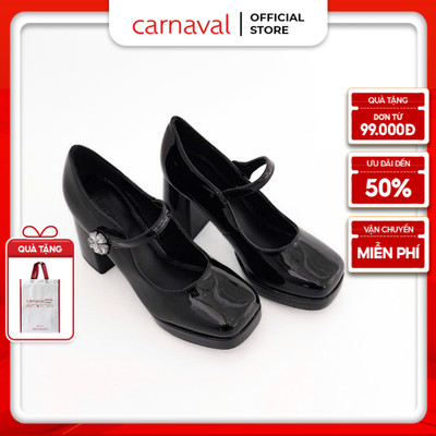 Sandal Cao Gót Nữ Mũi Vuông, Đế Vuông Cao 8cm Đính Đá Cài Sang Trọng Carnaval, Kiểu Dáng Cổ Điển - VS42