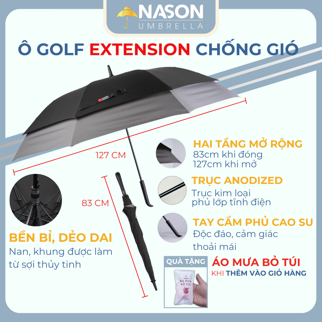 Ô dù Golf 2 tầng mở rộng Nason Umbrella Extension thiết kế độc đáo, 23 inch khi đóng, 27 inch khi mở