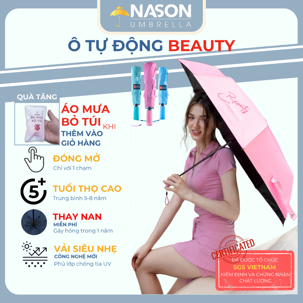 Ô dù tự động 2 chiều Nason Beauty Umbrella, che nắng, che mưa, ngăn 99% UV, chống thấm nước - DU 02