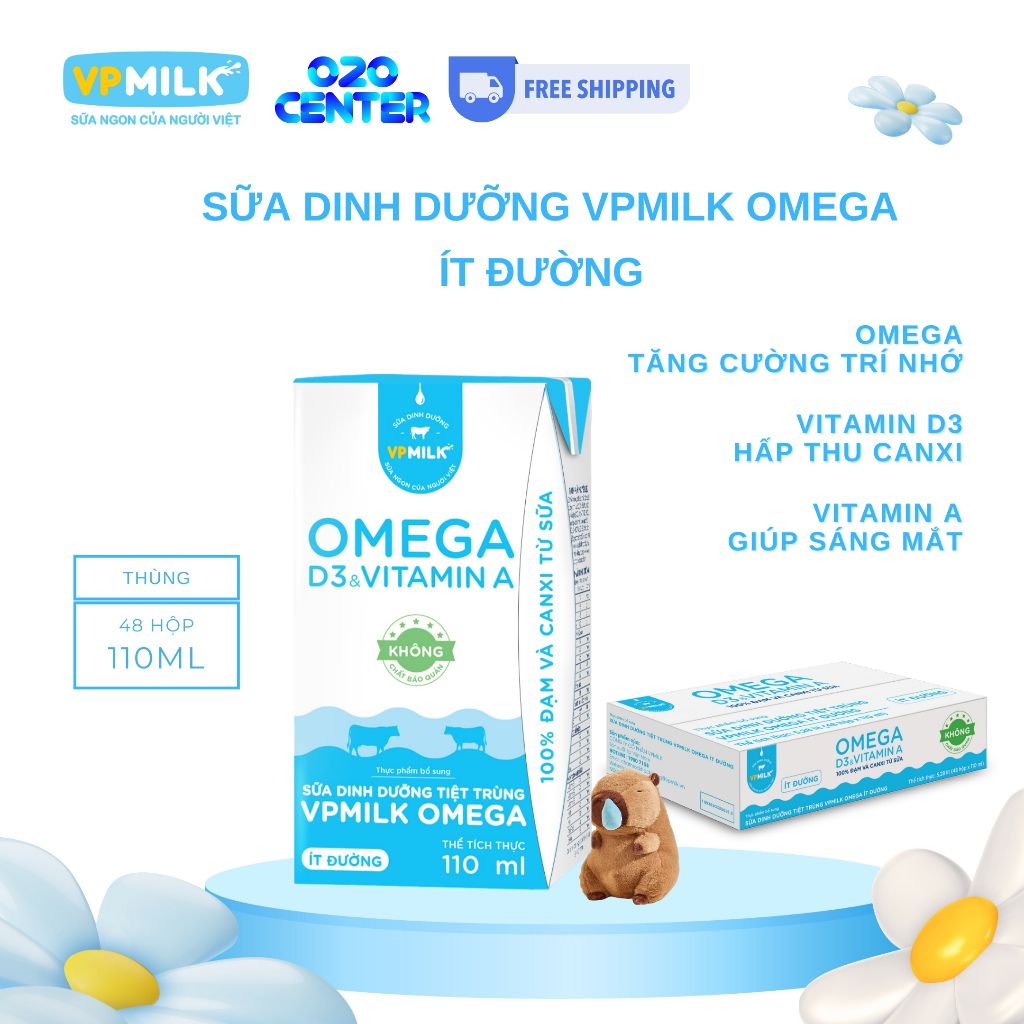 [Thùng 48 hộp 110ml] Sữa dinh dưỡng VPMilk Omega Ít Đường, Vitamin D3, Canxi.