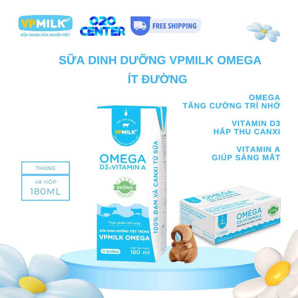 [Thùng 48 hộp 180ml] Sữa dinh dưỡng VPMilk Omega Ít Đường,Omega&D3&VitaminA