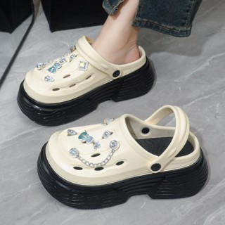 Dép cross nữ đế cao 7cm gắn charm đá lấp lánh sang trọng, dép mules độn đế êm chân, chống trơn