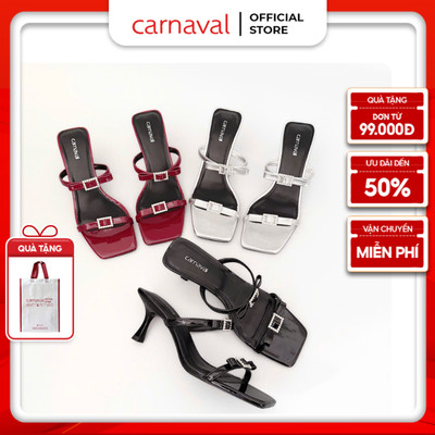 Giày Cao Gót Nữ Mũi Vuông Quai Ngang Đính Nơ Đá Carnaval Gót Nhọn 5cm Thiết Kế Tinh Tế - VS106
