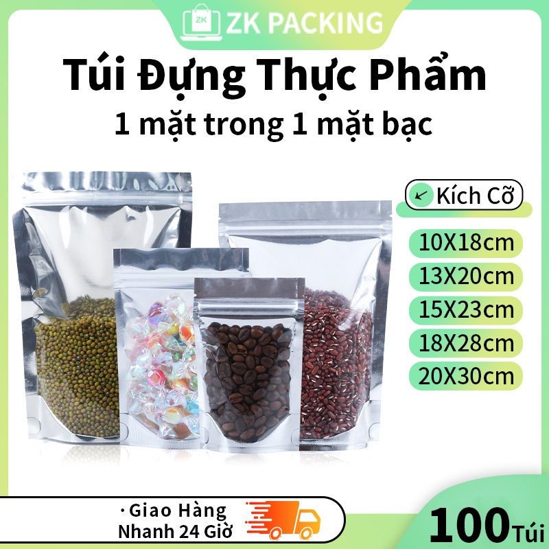 100 Túi Zip Đáy Đứng Mặt Bạc 1Kg - Bao Bì Thực Phẩm Khô, Đựng Hạt, Trái Cây Sấy, Snack, Bánh Kẹo