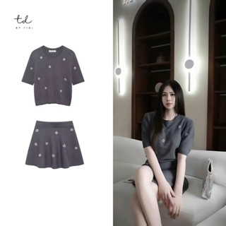 set đồ nữ sang chảnh áo cộc tay nữ kèm chân váy xòe len đính hoa đá sang chảnh basic BTD293