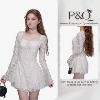 Váy hoa ren trắng kem 2 lớp cúp ngực dáng xòe tay dài, đầm dự tiệc có bigsize | P&Q vd18