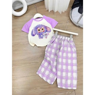 Bộ quần áo trẻ em, áo cộc quần dài dành cho bé gái từ 14-40kg mẫu BABY-THREE QUẦN KẺ ( V )