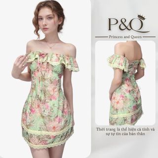 P&Q vd28 | đầm váy xòe chân máy ngắn trễ vai vải hoa thêu đục lỗ có bigsize | P&Q vd28