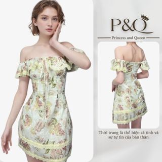 Đầm váy xòe vải hoa thêu đục lỗ trễ vai có quần trong có bigsize | P&Q vd29