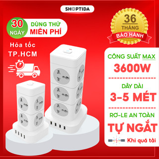 Ổ Cắm Điện Đa Năng SHOPTIDA T8 T12, 8-12 lổ cắm Chịu Tải 3600W Hình Tháp  Nhiều Tầng, Dây Dài 3-5m