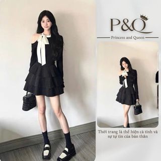 Đầm công sở dự tiệc dạo phố váy xòe nơ trên vai trễ vai phong cách dự tiệc | P&Q vd48