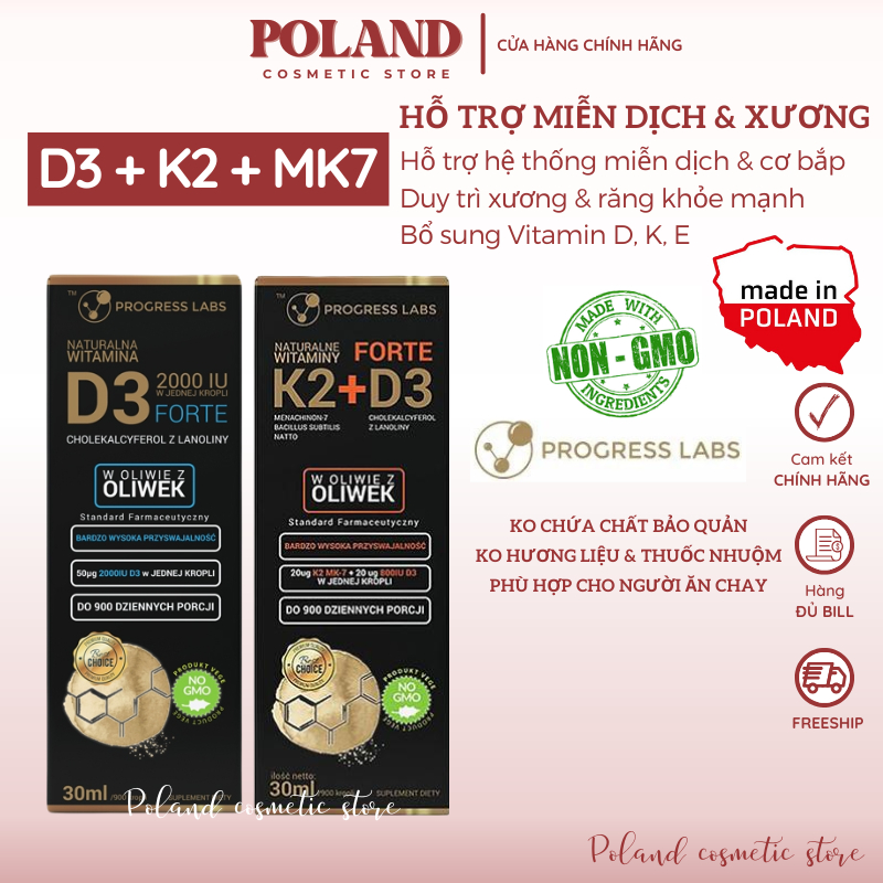 Vitamin D3 K2 MK7 Forte Progress Labs Natural dạng giọt 30ml hỗ trợ hệ thống miễn dịch và xương khớp dành cho người lớn
