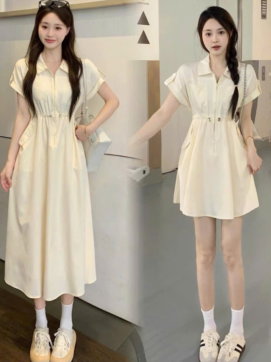 Đầm nữ tay ngắn dáng xòe đai rút chun