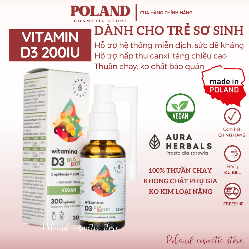 Vitamin D3 thuần chay Aura Herbals 200IU cho trẻ sơ sinh, trẻ em hỗ trợ phát triển chiều cao 30ML