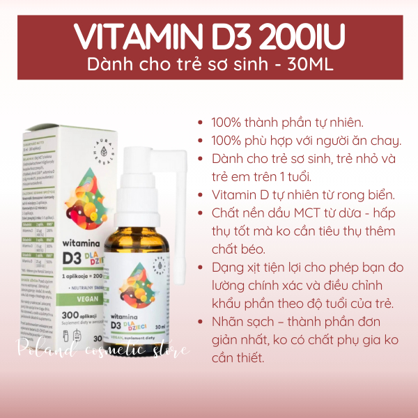 Vitamin D3 thuần chay Aura Herbals 200IU cho trẻ sơ sinh, trẻ em hỗ trợ phát triển chiều cao 30ML