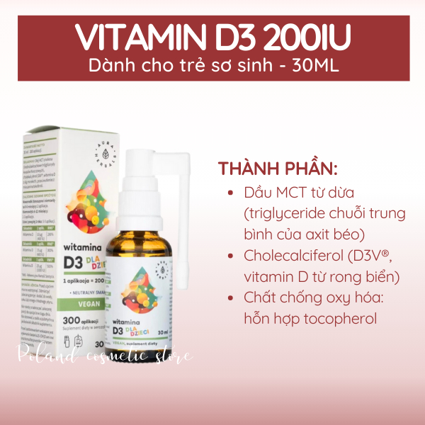 Vitamin D3 thuần chay Aura Herbals 200IU cho trẻ sơ sinh, trẻ em hỗ trợ phát triển chiều cao 30ML