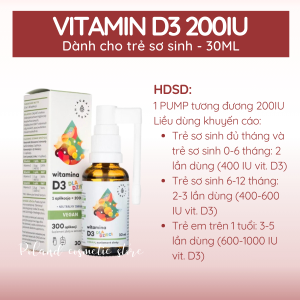 Vitamin D3 thuần chay Aura Herbals 200IU cho trẻ sơ sinh, trẻ em hỗ trợ phát triển chiều cao 30ML