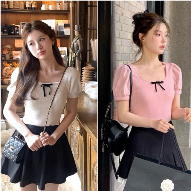 ÁO THUN CỔ VUÔNG TAY BỒNG ĐÍNH NƠ NHỎ NHẮN L88