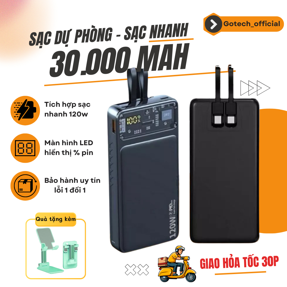 Bộ Nguồn Sạc Dự Phòng 30000mah , Tích Hợp 2 Dây Sạc, Sạc Siêu Nhanh 120w, Pin Lithium - Gotech | Pin Sạc Led