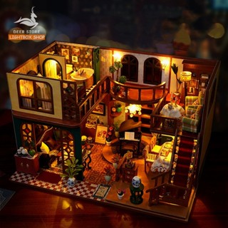 Nhà búp bê Tự làm bằng gỗ [Nhà có nội thất & đèn LED] Tặng KHUNG BẢO VỆ + Dụng cụ Và Keo dán | TD45