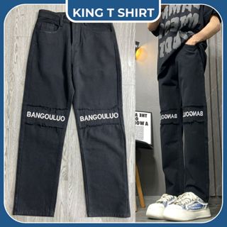 Quần Jean Nam Ống Đứng Thêu Chữ Gối BANGOULUO Màu Đen, Quần Jean Baggy Nam Boy Phố Form Suông 001