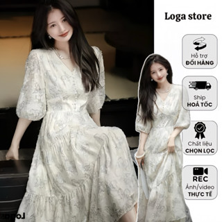 Váy Hồ Điệp cổ tim tay lỡ dáng dài, đầm nữ dáng dài hoạ tiết hồ điệp phong cách tiểu thư Loga_L786