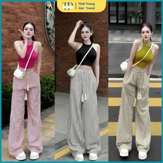 Quần ống rộng kẻ sọc đen trắng kem dáng suông chất đũi mềm lưng thun mềm dây luồng from xinh TP Shop