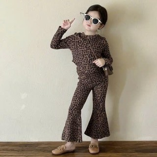 Sét Áo Thun Tay Dài Bé Gái Phối Quần Ống Loe Họa Tiết Da Báo Bộ Đồ Áo Quần Bé Gái Mát Mẻ Mùa Hè 