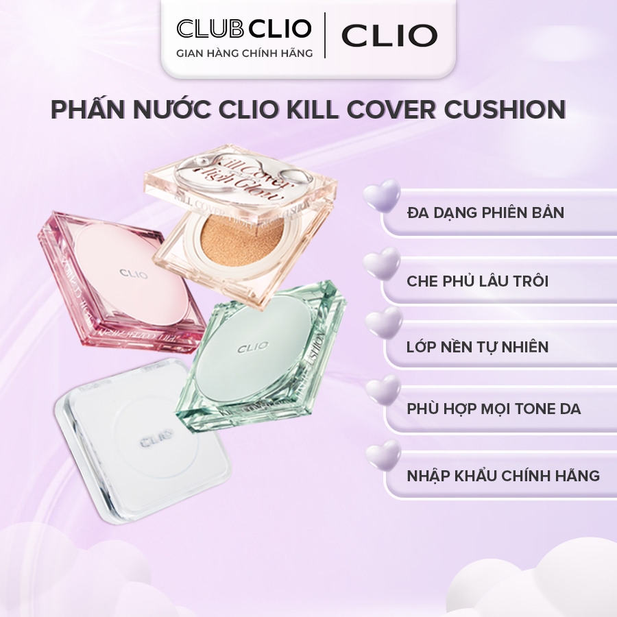 Phấn nước Cushion CLIO Kill Cover Che Khuyết Điểm Hoàn Hảo Skin Fixer, Mesh Glow, High Glow Cushion CLCSKC (Tặng Lõi)