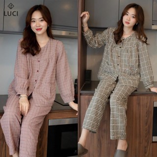  Bộ pijama dài tay áo quần có túi kẻ caro cao cấp chất vải mềm mịn thoáng mát khi mặc 