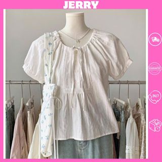 Áo sơ mi babydoll Jerry Designer xếp ly tay phồng,Áo babydoll mùa hè nữ tính sang chảnh đẹp nhất 2025