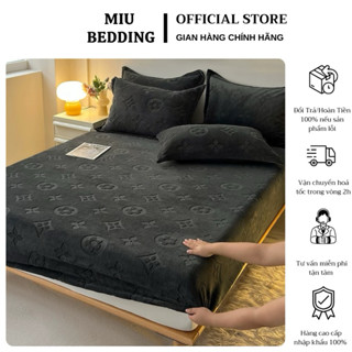 Bộ ga gối nỉ nhung in nhiệt vân nổi LV cao cấp chuẩn loại 1, ga giường và vỏ gối nỉ nhung mềm mịn không rụng lông