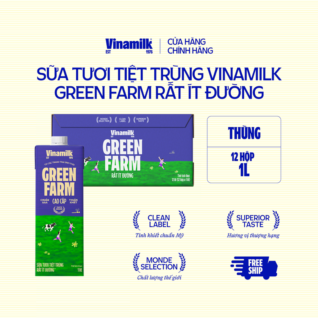 Thùng 12 Hộp Sữa tươi tiệt trùng Rất ít đường Vinamilk Green Farm - Hộp 1L