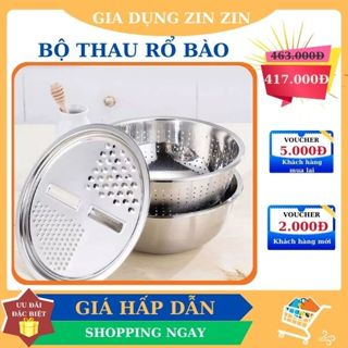 Bộ thau rổ bào rau củ inox 304 dày không gỉ, Bộ Nạo Rau Củ Quả Đa Năng Inox 3 in 1