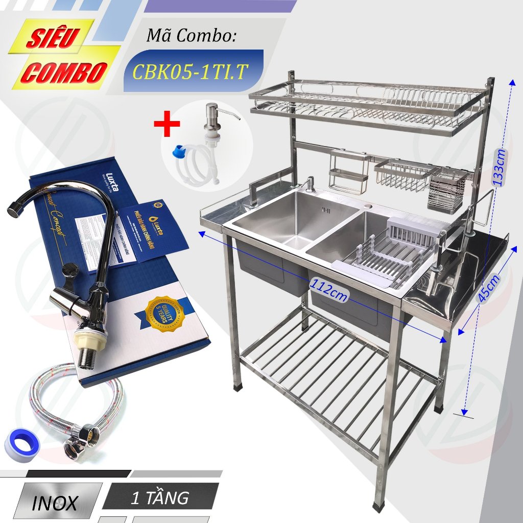 COMBO Chậu Inox Có Chân Kèm Kệ Úp Chén Đa Năng - Chậu 2 hộc Kệ chén 1 tầng và 2 tầng Vòi lạnh Luxta