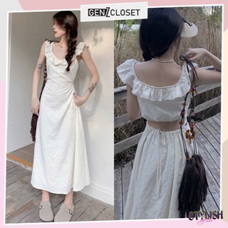  Váy khoét lưng dáng dài Genz Closet Váy đi biển maxi dáng dài phối bèo cổ chất đũi sần siêu xinh 