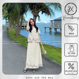 Set áo + chân váy đính hoa vải linen - Xuananhthomay