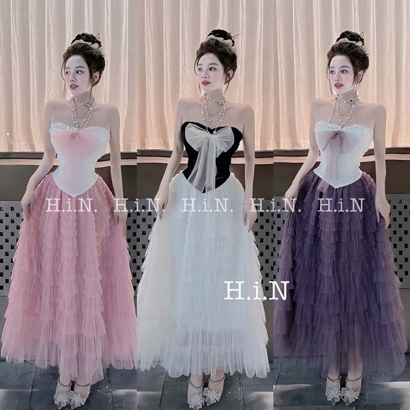 Set cv tầng dài áo quây nơ lưới 510k sm