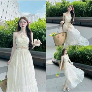 Sét váy thiết kế nàng thơ đi biển lên hình cực xinh sét tơ áo cúp cột dây cổ đính hoa ngực nhún phối chân váy dáng dài