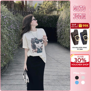 Set đồ nữ áo phông cổ tròn cộc tay 2m in hình cún snoppy phối chân váy dài đuôi cá,đồ bộ nữ tiểu thư Jeansuto HCOM25206