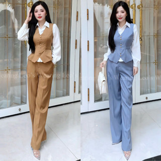 E21 LEOSWEARING set 3 món công sở quần dài ống rộng mix áo ghile kèm sơ mi trắng